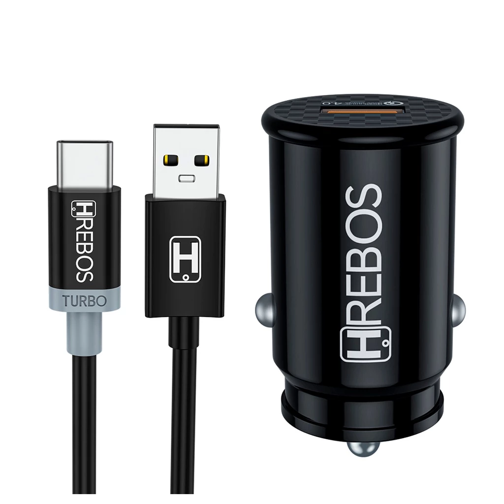 Carregador Veicular Rapido Usb 18W Turbo 4.0 HREBOS HS-308C com cabo TIPO C