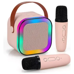 Caixa De Som Karaokê Potente 2 Microfones Portátil Cor Rosa