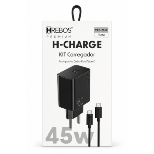 Kit Carregador Turbo HREBOS Premium H-CHARGE 45W – com Cabo Dual Type-C