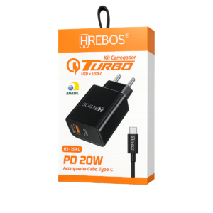 Carregador Turbo HREBOS PD 20W USB + Cabo Type-C