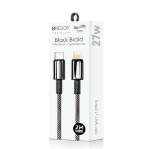 Cabo USB-C Lightning HREBOS Black Braid CB-358i 2 Metros
